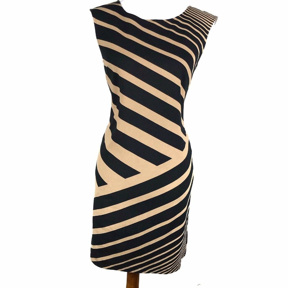 Loft Sheath Dress Tan Black Stripe Sleeveless Boat